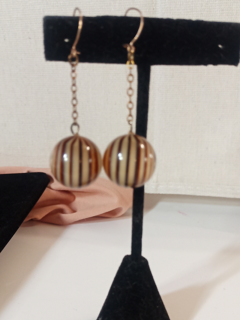 Striped Brown and Cream Dangle Earrings Lucite Material With Gold Chain And Hook